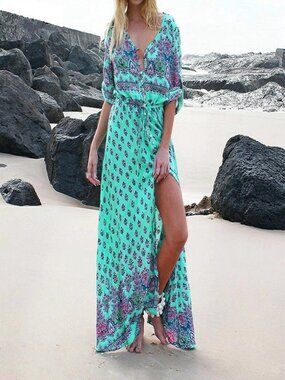Women's Casual Sundress Boho Beach Slit Long Maxi Floral Summer Beach Dress